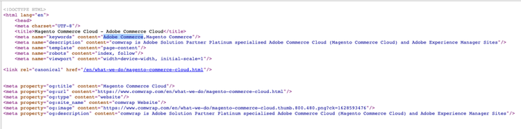 source_code_showing_"adobe_commerce"_within_the_keywords_page_metadata