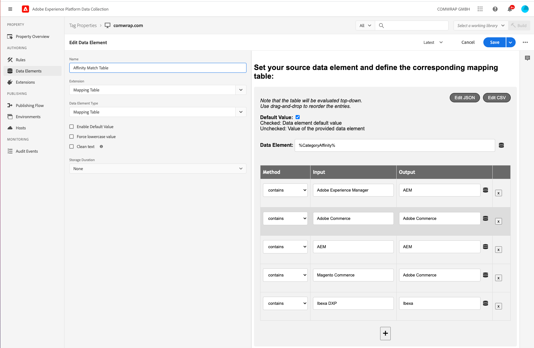 Create new data Element via the Matching Table extension