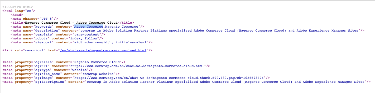Source code showing "Adobe Commerce" within the keywords page metadata