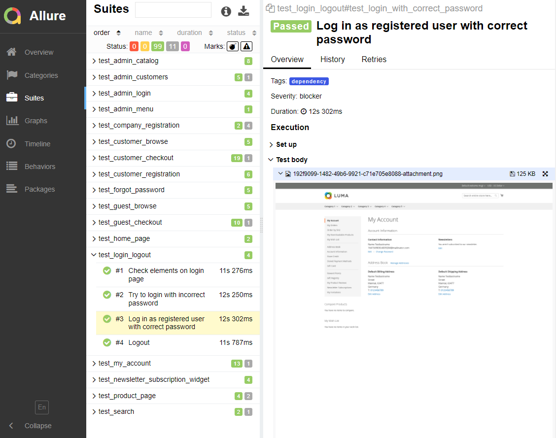 Screenshot of the testresults in the Allure Reporting Suite