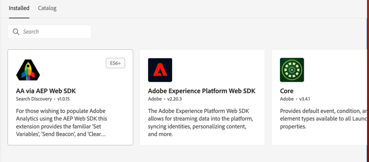 A screenshot of three extensions available in the Adobe Experience Platform's catalog, including "AA via AEP Web SDK" by Search Discovery, "Adobe Experience Platform Web SDK" by Adobe, and "Core" by Adobe with their respective descriptions and version numbers.