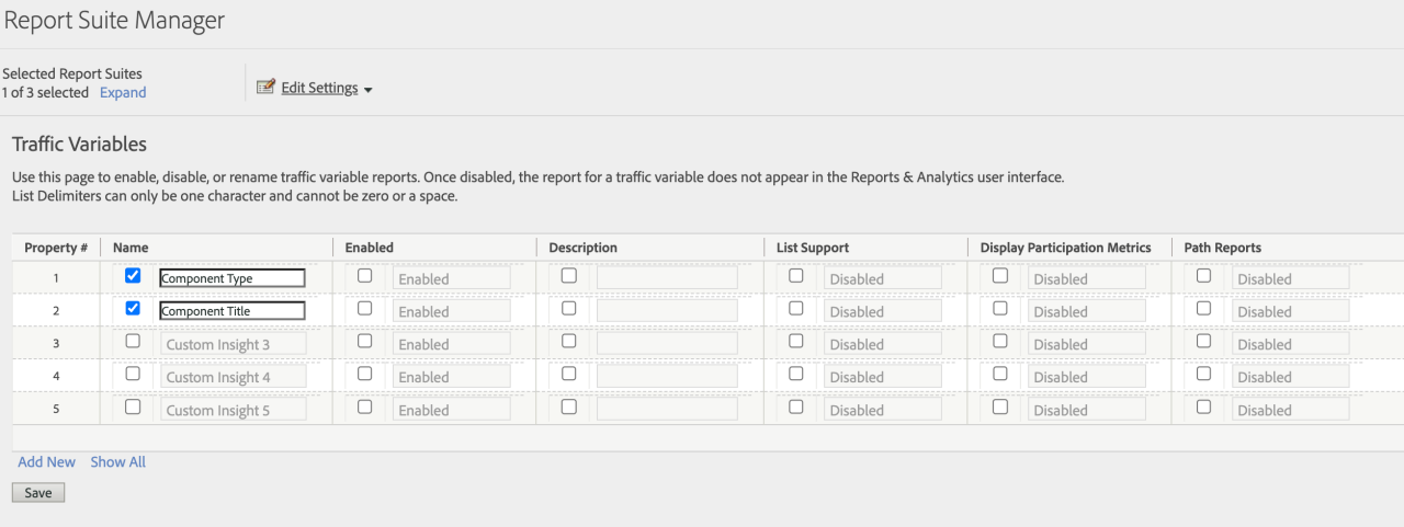 A screenshot of the Report Suite Manager interface showing the configuration of traffic variables. Options for enabling, disabling, or renaming traffic variable reports are displayed. Rows list various properties, including "Component Type", "Component Title", and custom insights. Settings such as "List Support", "Display Participation Metrics", and "Path Reports" can be configured for each property.