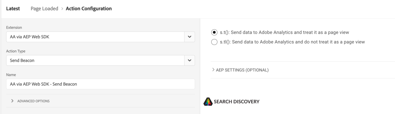 Screenshot of an action configuration page showing settings for the AA via AEP Web SDK extension. Options include sending data to Adobe Analytics as a page view or not.