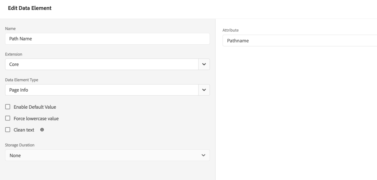 Screenshot of Adobe Experience Plattform interface showing the 'Edit Data Element' section with settings for the 'Path Name' data element, including options like 'Enable Default Value' and 'Force lowercase value'.