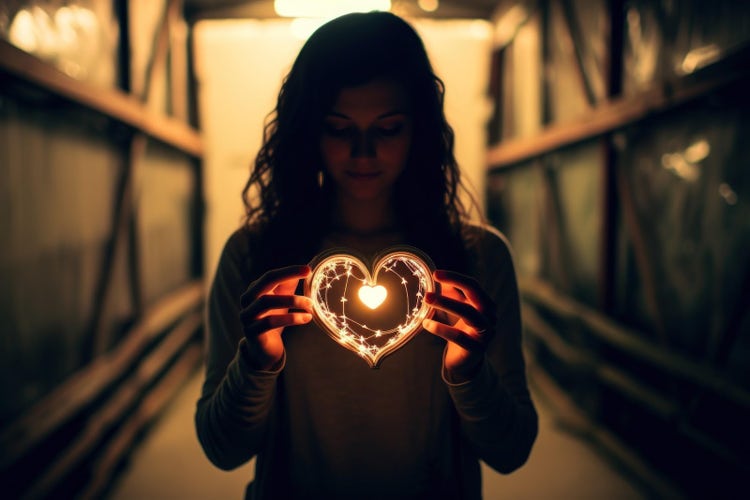 Woman holding heart-shaped light